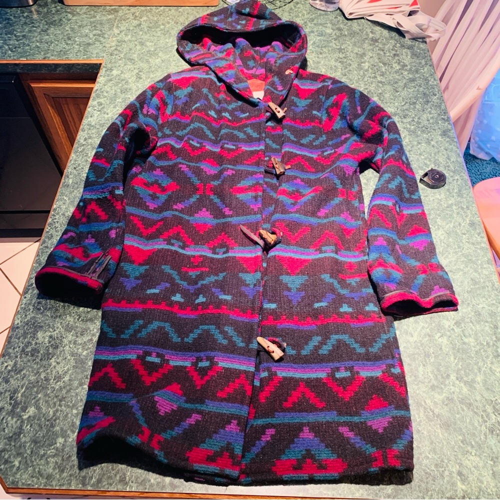 Woolrich VTG 70s Aztec Blanket Wool Jacket Trench Coat Black Red Womens M Medium